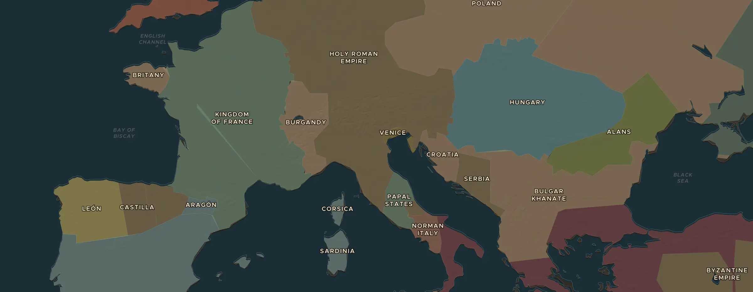 Die ChronoAtlas-Karte im Jahr 1100 n. Chr., mit allen Stationen dieser Stunde
