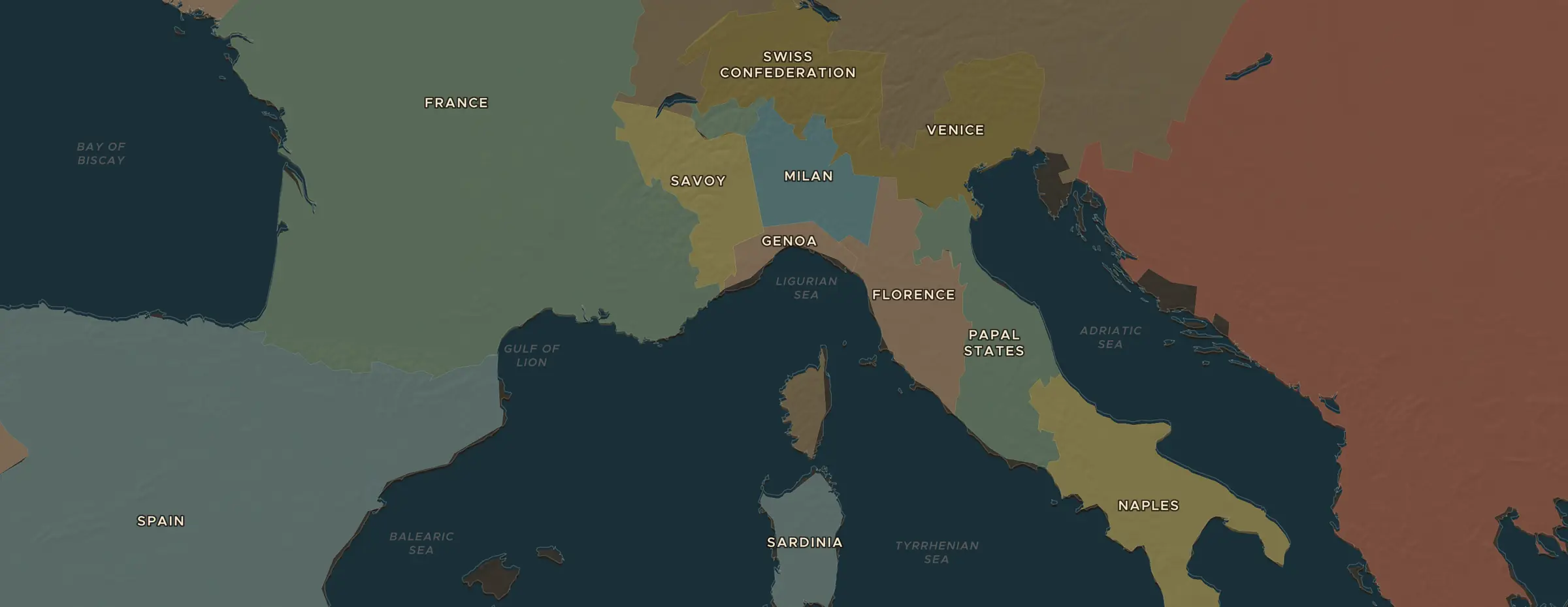 De ChronoAtlas-kaart in 1530 n.Chr., met de plekken uit deze les