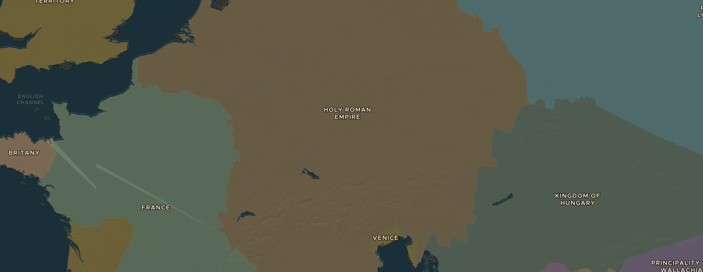 De ChronoAtlas-kaart in 1420 n.Chr., met de plekken uit deze les