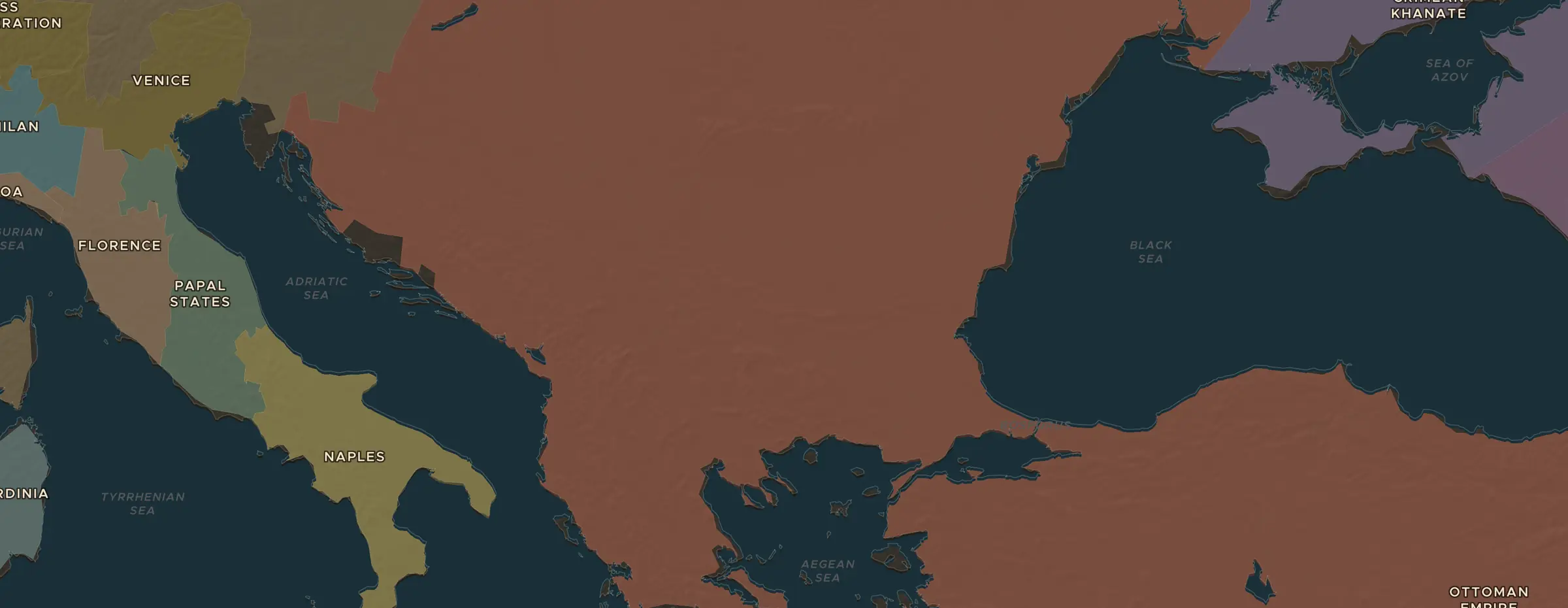 De ChronoAtlas-kaart in 1530 n.Chr., met de plekken uit deze les