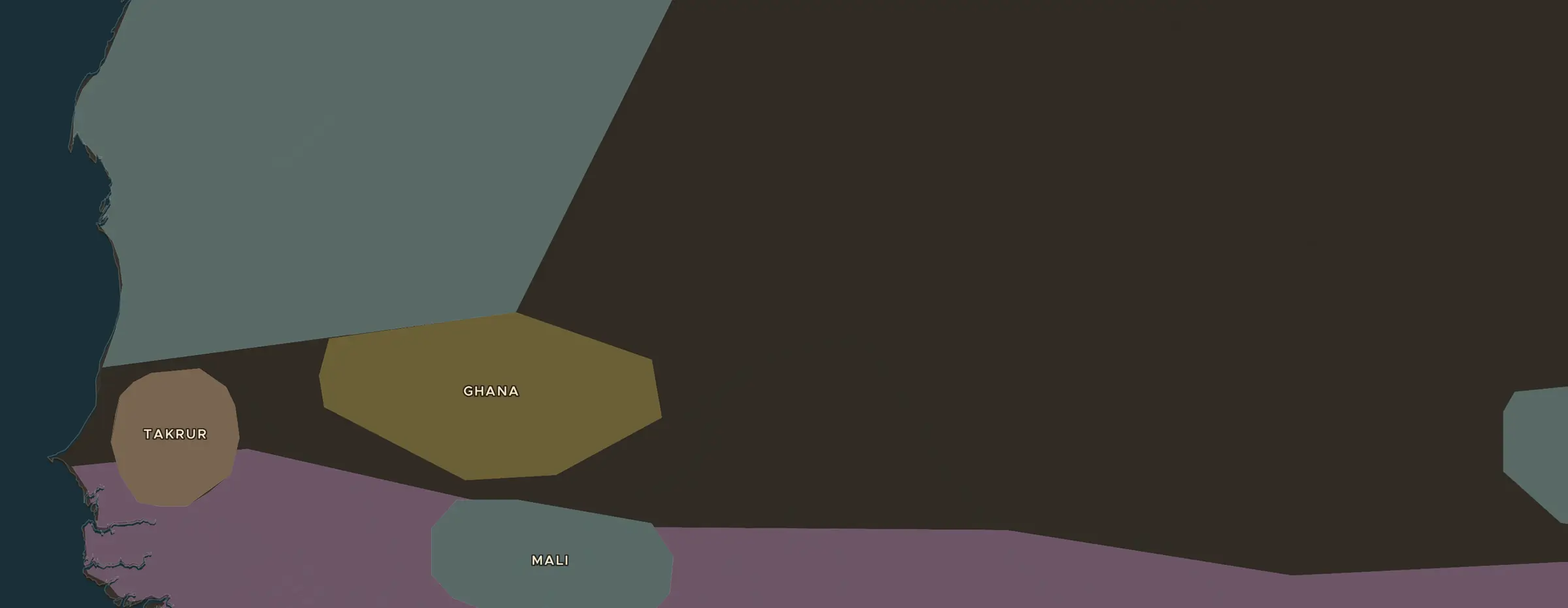 De ChronoAtlas-kaart in 1100 n.Chr., met de plekken uit deze les