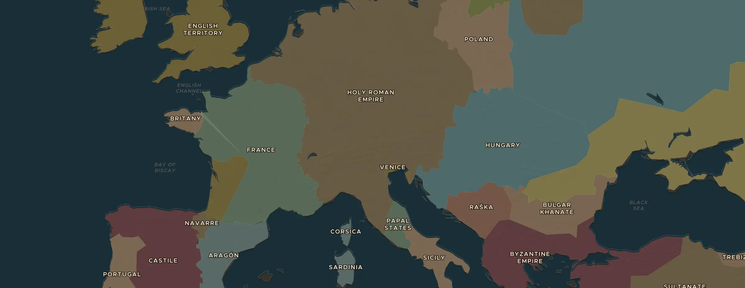 De ChronoAtlas-kaart in 1300 n.Chr., met de plekken uit deze les