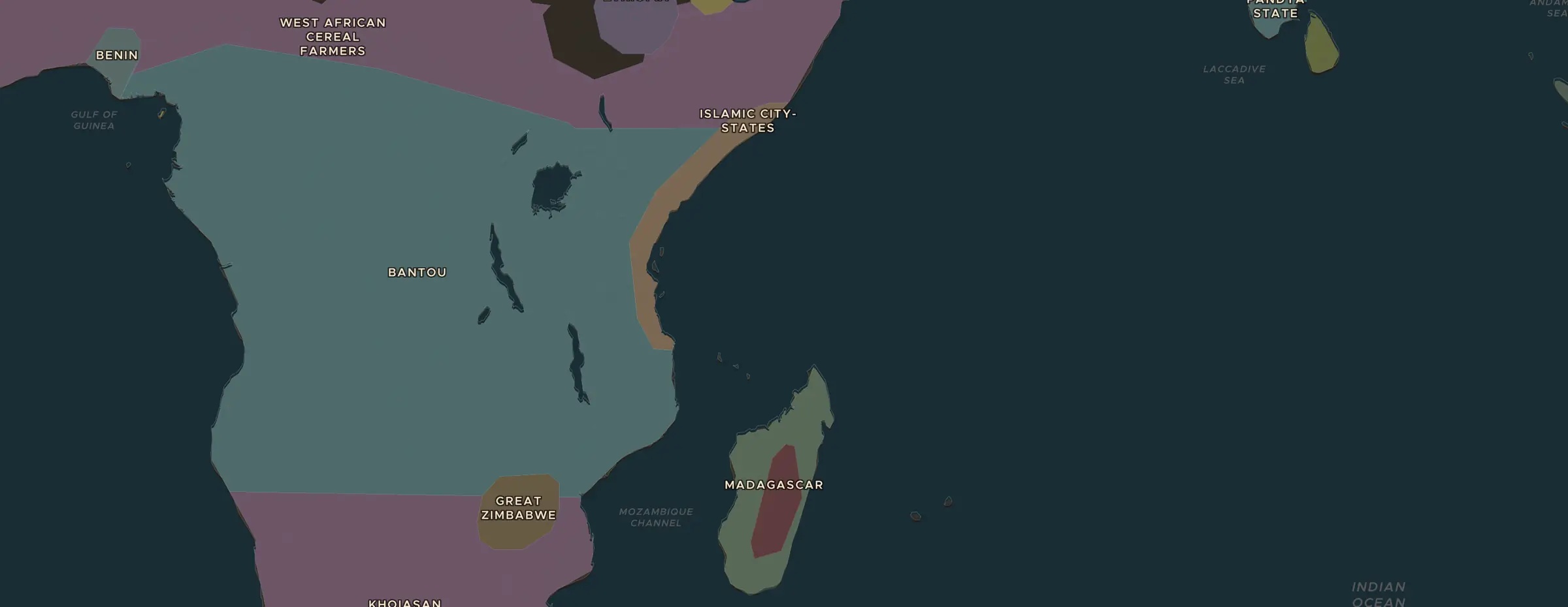 De ChronoAtlas-kaart in 1300 n.Chr., met de plekken uit deze les