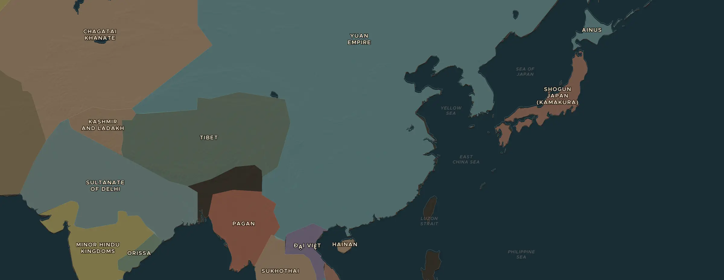 De ChronoAtlas-kaart in 1300 n.Chr., met de plekken uit deze les