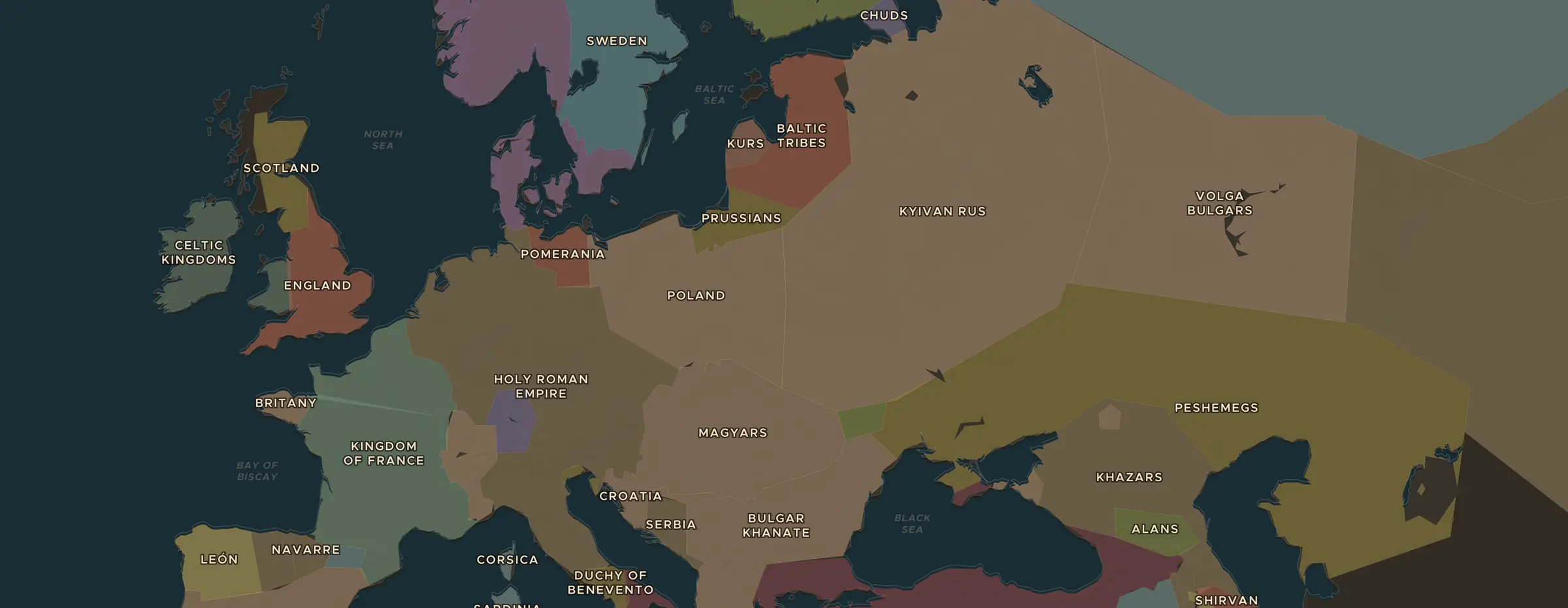 Die ChronoAtlas-Karte im Jahr 1000 n. Chr., mit allen Stationen dieser Stunde