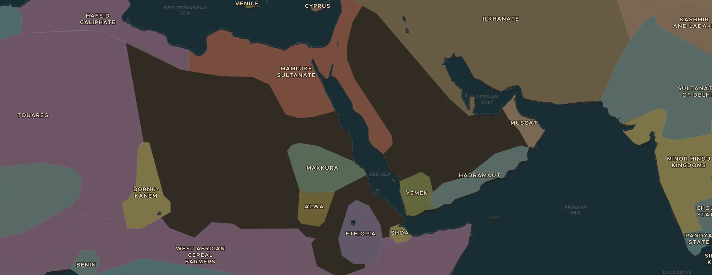 De ChronoAtlas-kaart in 1279 n.Chr., met de plekken uit deze les