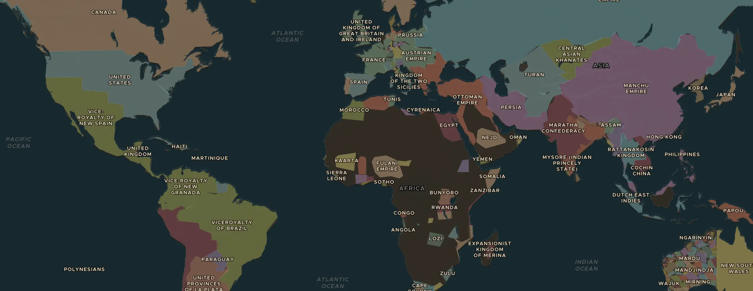 La carte ChronoAtlas en 1815 apr. J.-C., avec les lieux étudiés dans cette séquence