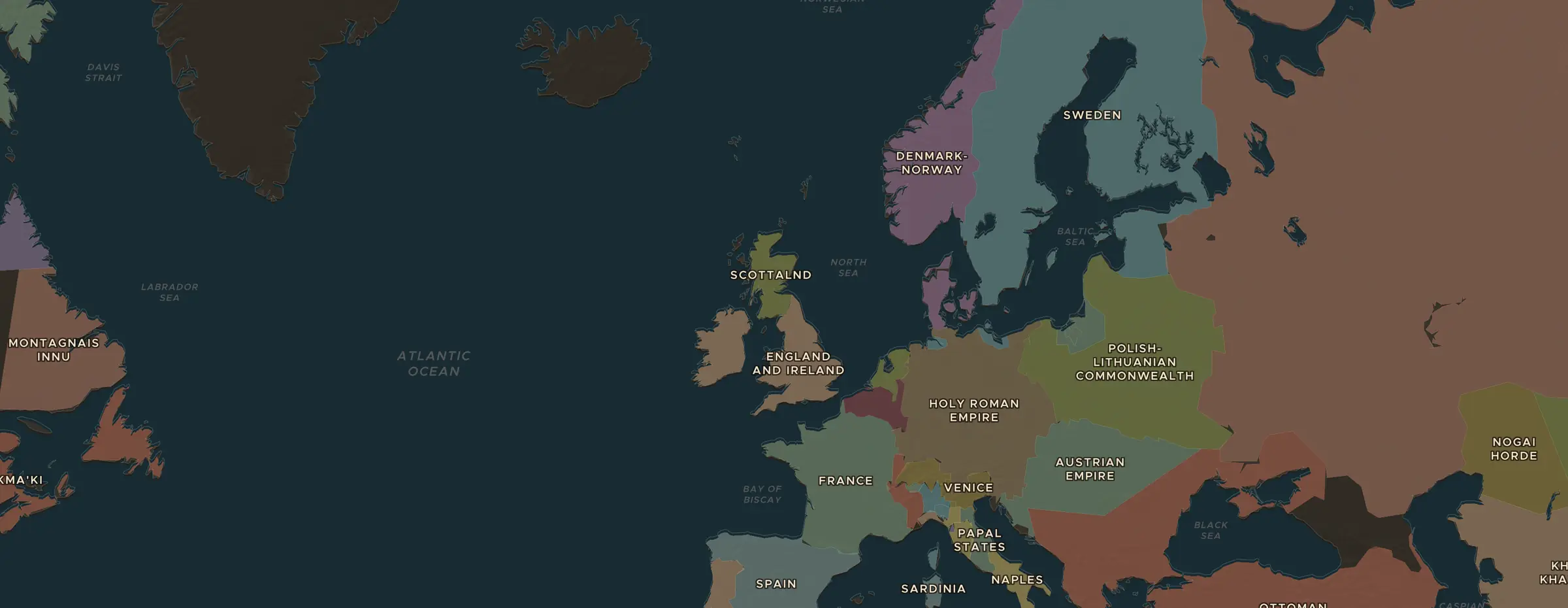 De ChronoAtlas-kaart in 1700 n.Chr., met de plekken uit deze les