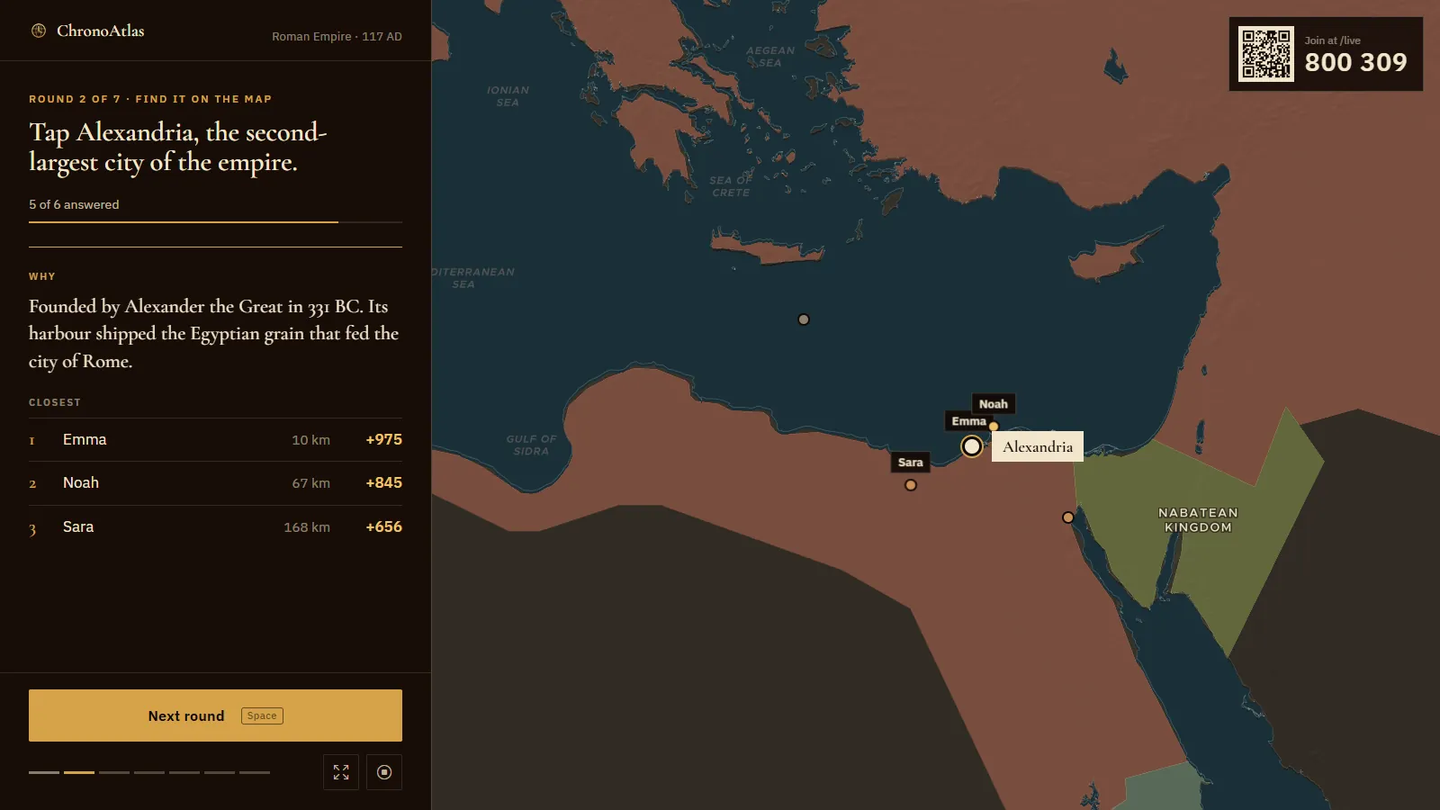 A live lesson on the projector: the class's pins on the map around Alexandria, the closest students listed beside it