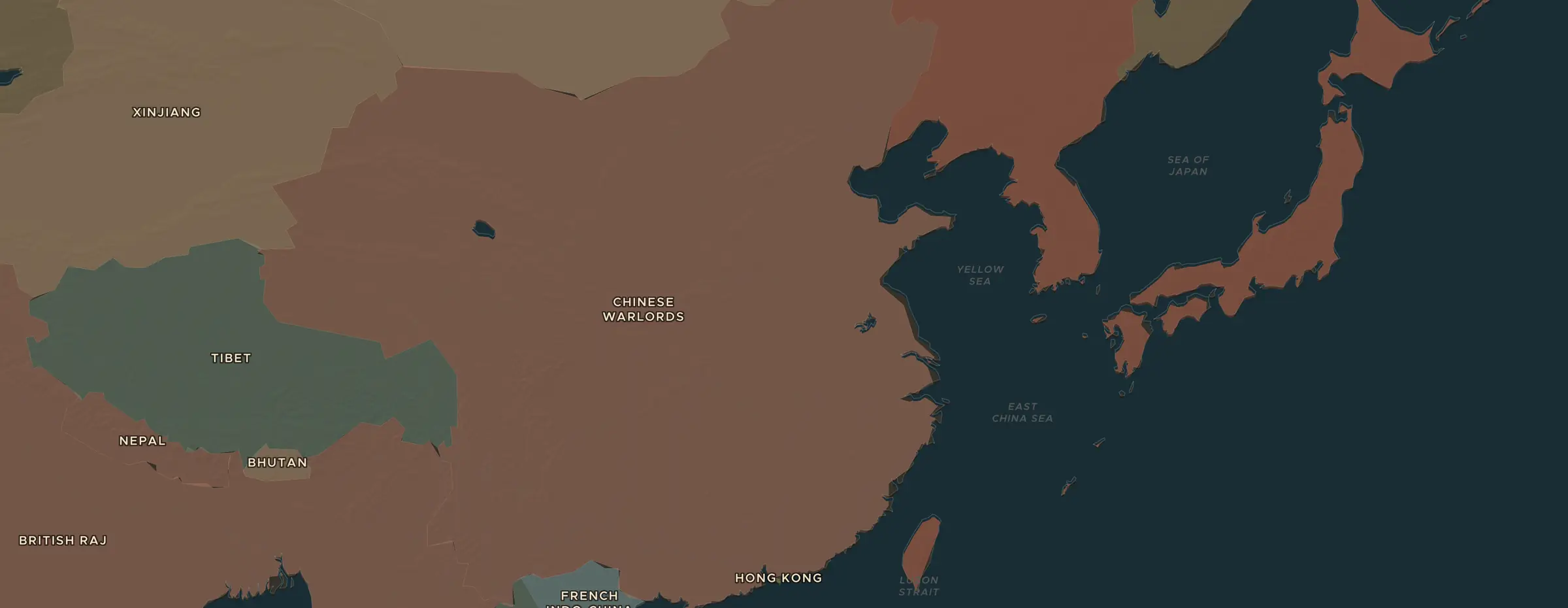 Die ChronoAtlas-Karte im Jahr 1930 n. Chr., mit allen Stationen dieser Stunde