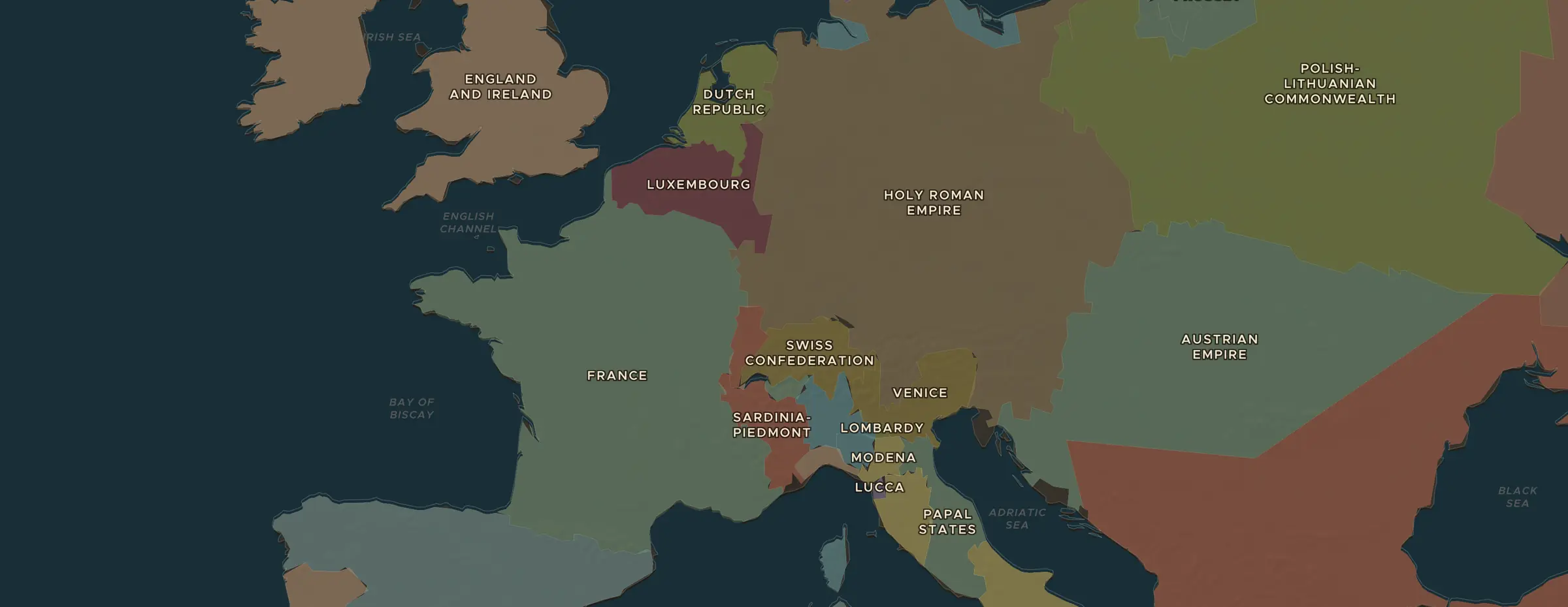 De ChronoAtlas-kaart in 1700 n.Chr., met de plekken uit deze les