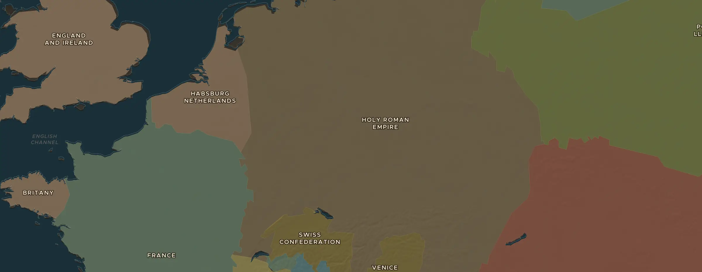 De ChronoAtlas-kaart in 1530 n.Chr., met de plekken uit deze les