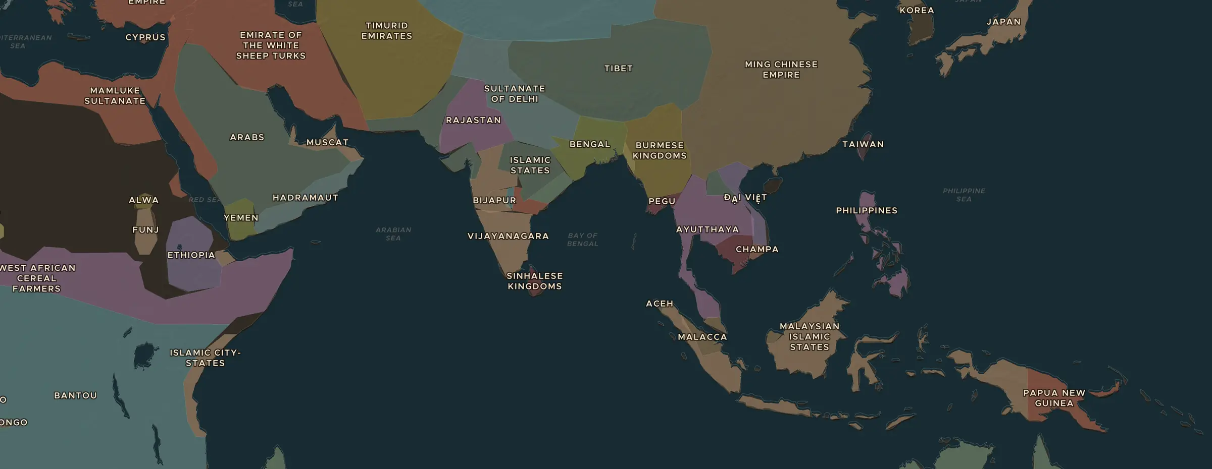 De ChronoAtlas-kaart in 1492 n.Chr., met de plekken uit deze les