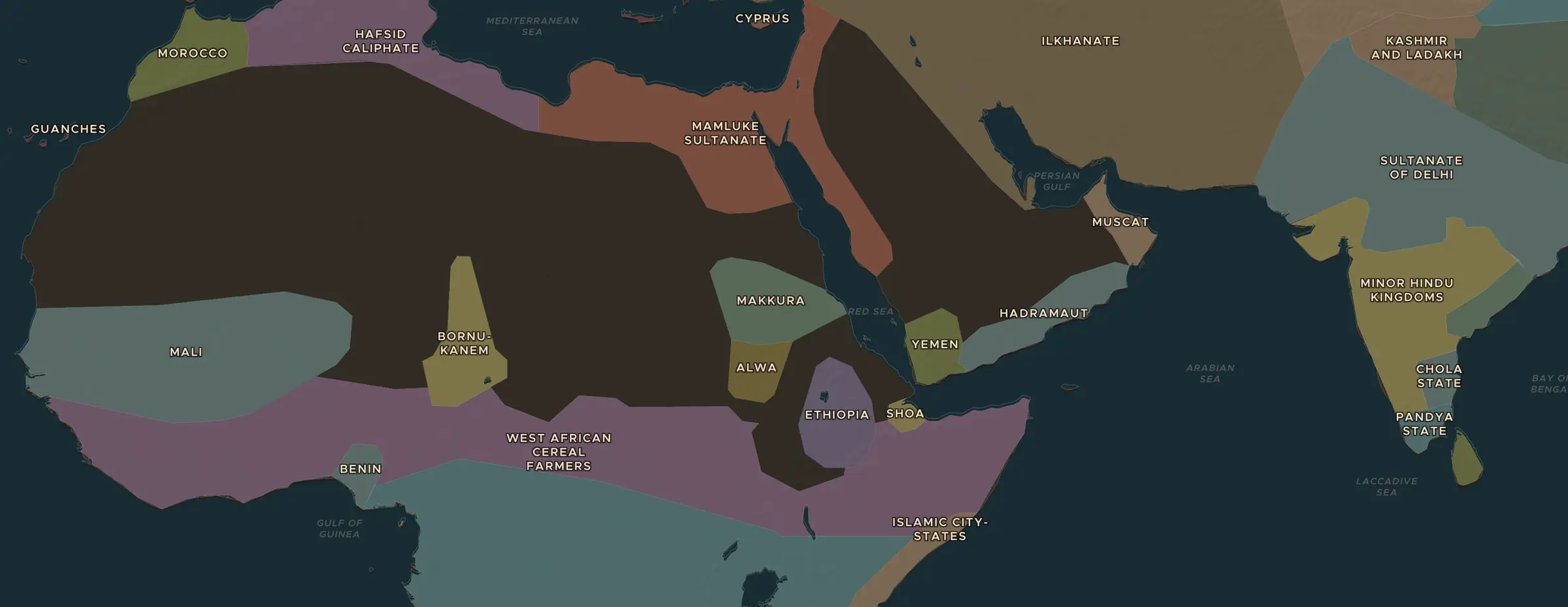 De ChronoAtlas-kaart in 1348 n.Chr., met de plekken uit deze les