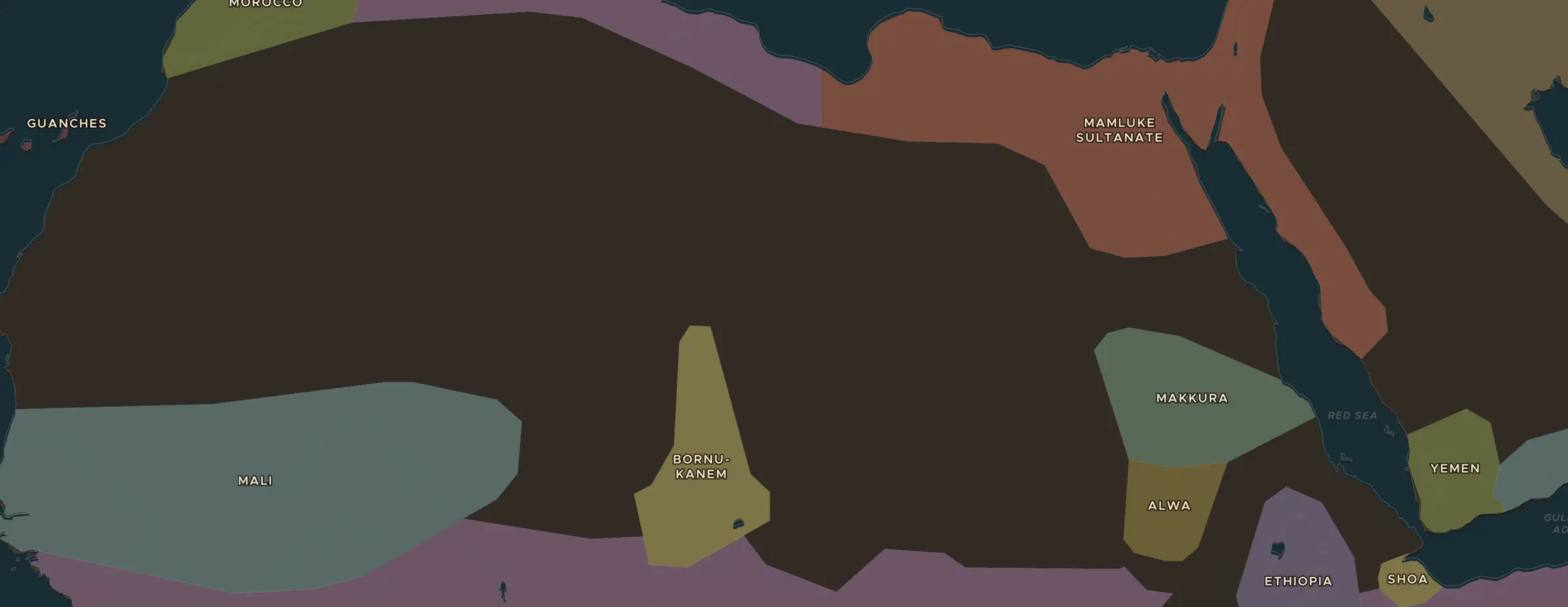 De ChronoAtlas-kaart in 1324 n.Chr., met de plekken uit deze les