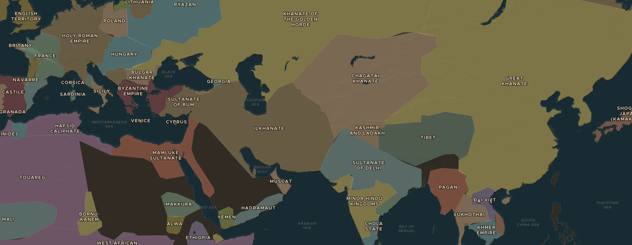 De ChronoAtlas-kaart in 1279 n.Chr., met de plekken uit deze les