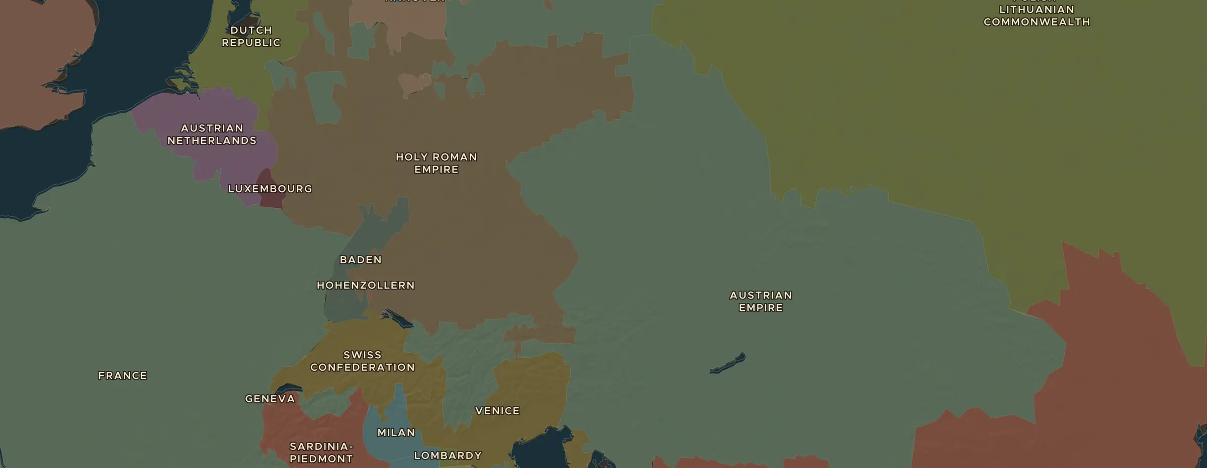 Die ChronoAtlas-Karte im Jahr 1740 n. Chr., mit allen Stationen dieser Stunde