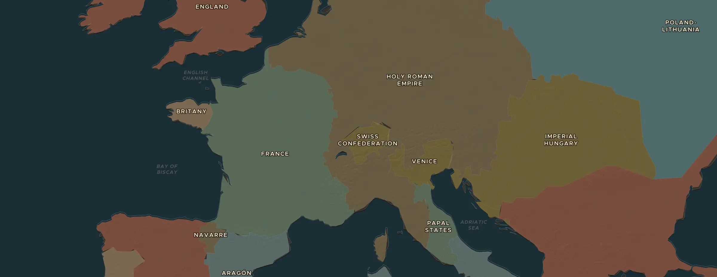 De ChronoAtlas-kaart in 1490 n.Chr., met de plekken uit deze les