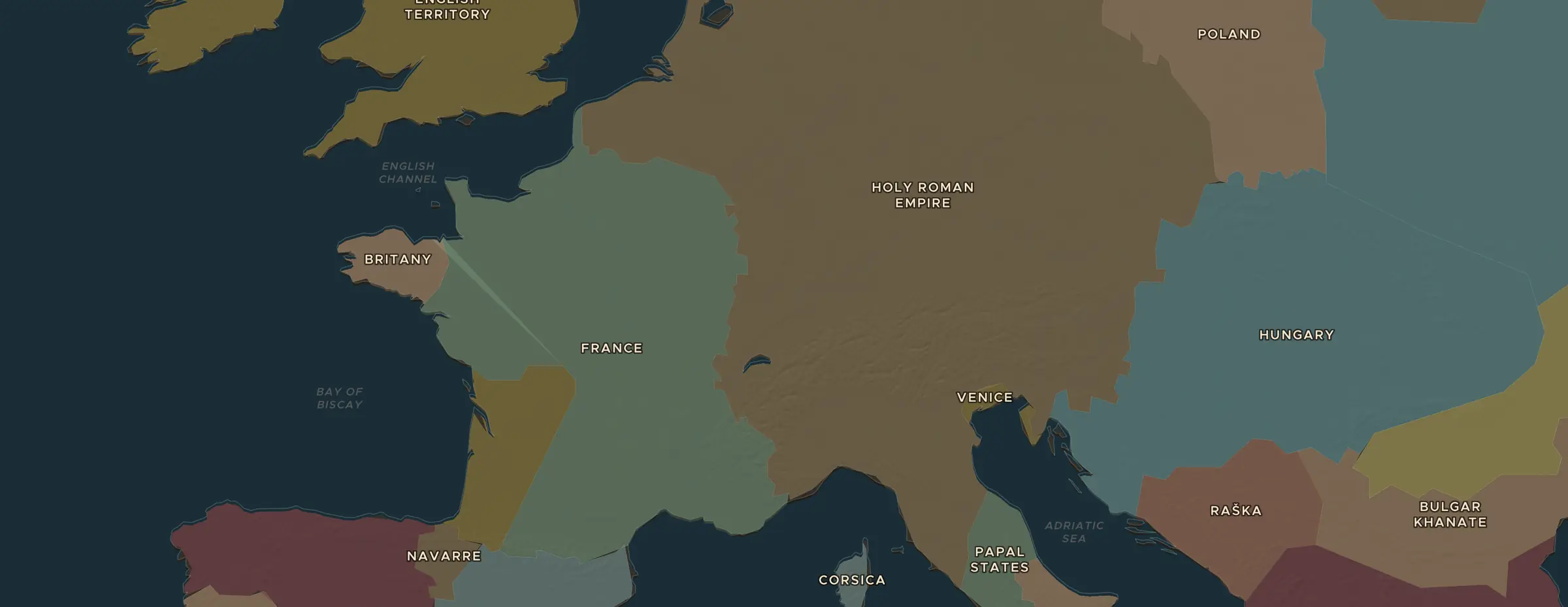 De ChronoAtlas-kaart in 1300 n.Chr., met de plekken uit deze les