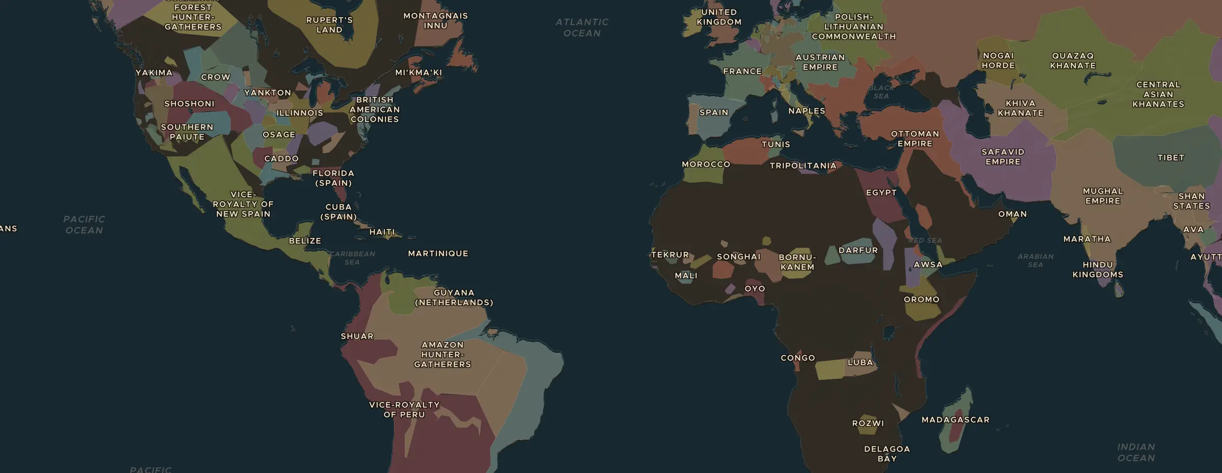 El mapa de ChronoAtlas en 1750 d. C., con los lugares que visita esta lección