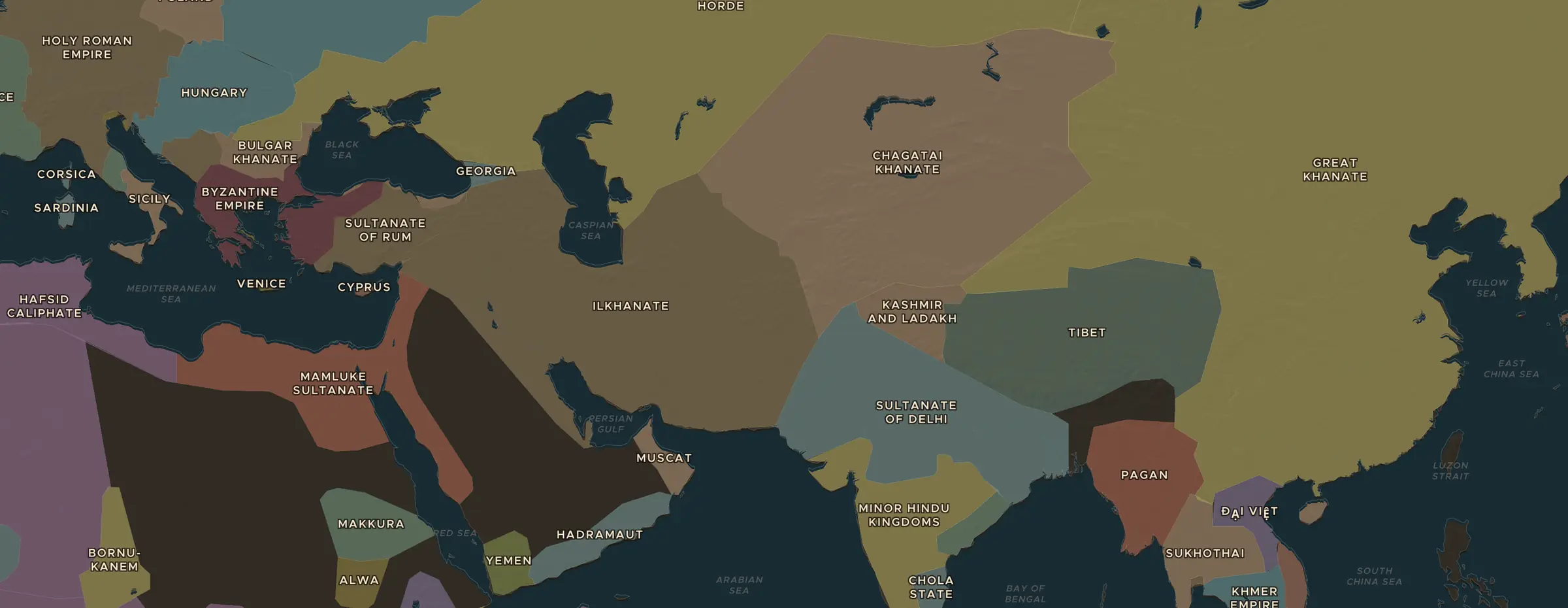De ChronoAtlas-kaart in 1279 n.Chr., met de plekken uit deze les