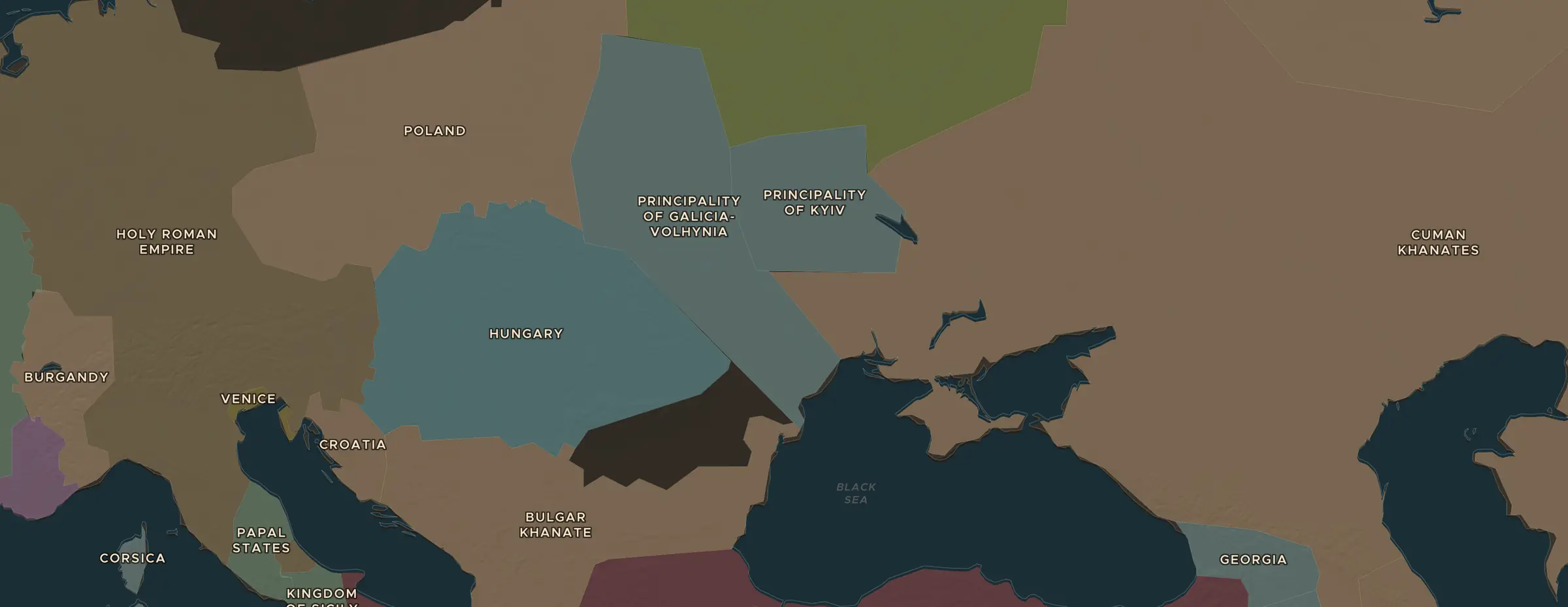 Die ChronoAtlas-Karte im Jahr 1250 n. Chr., mit allen Stationen dieser Stunde