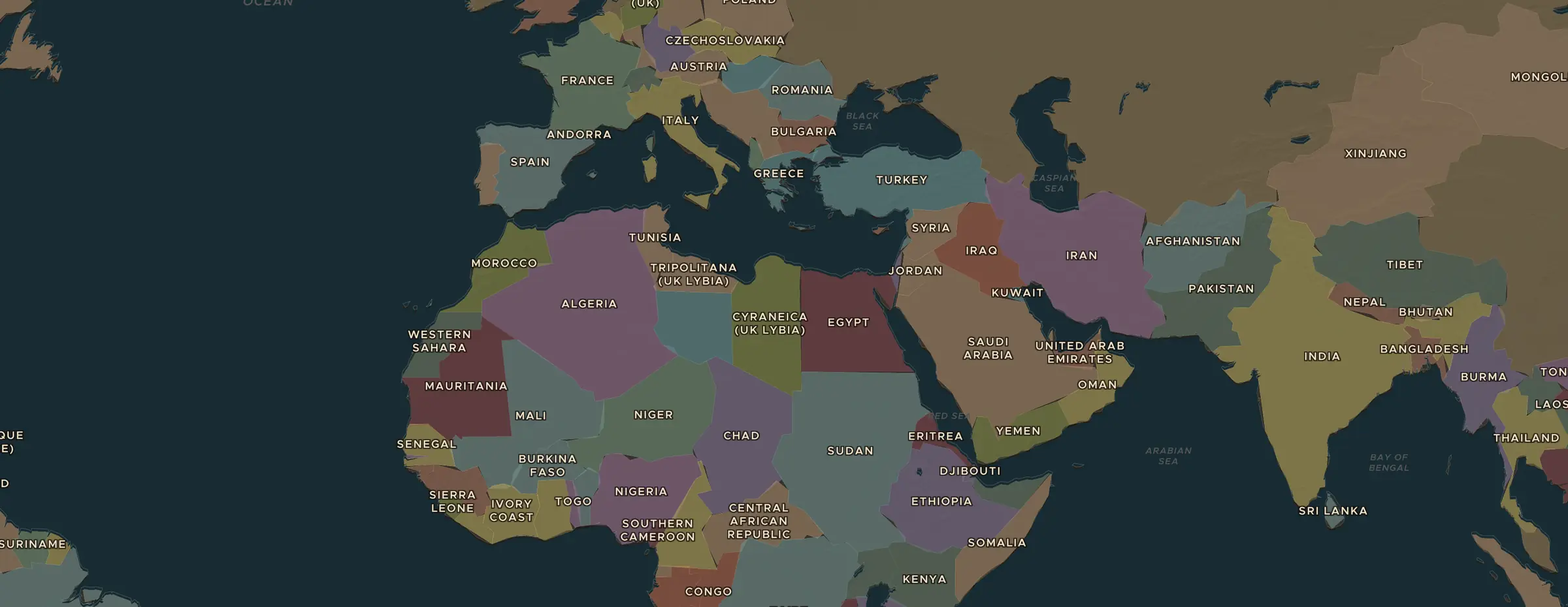 De ChronoAtlas-kaart in 1938 n.Chr., met de plekken uit deze les