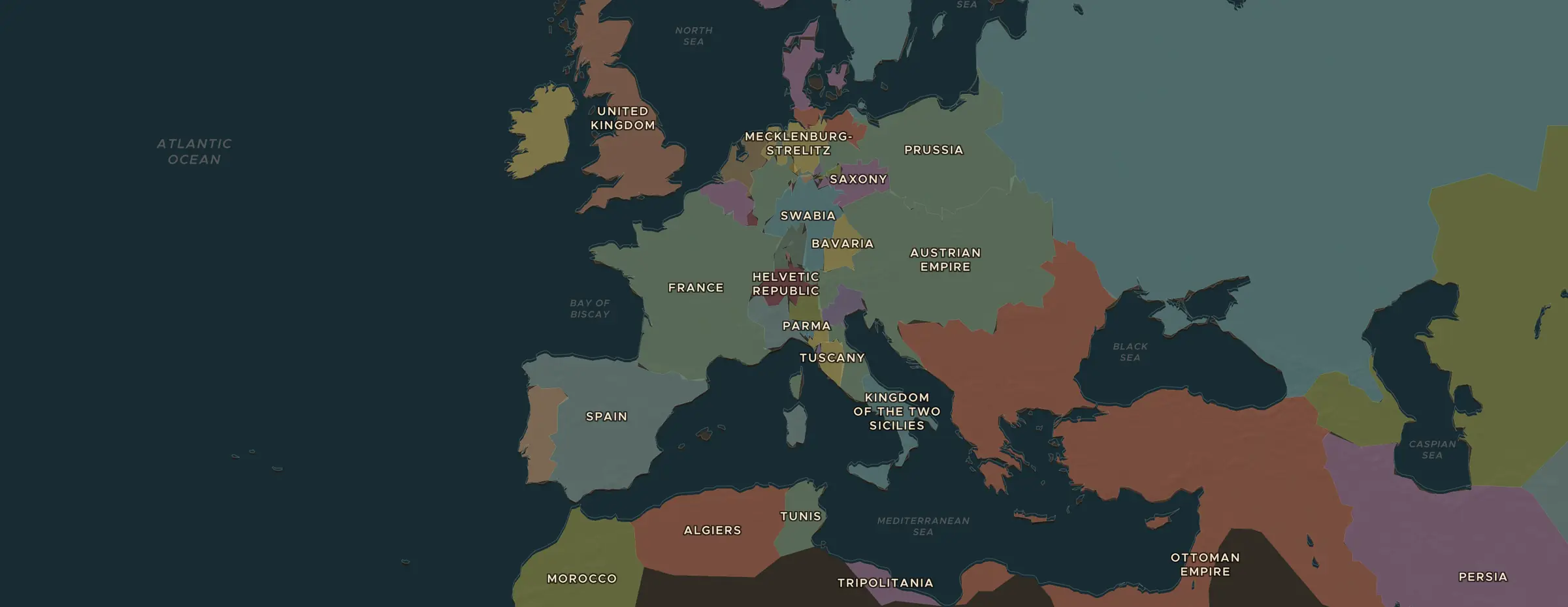 Die ChronoAtlas-Karte im Jahr 1804 n. Chr., mit allen Stationen dieser Stunde