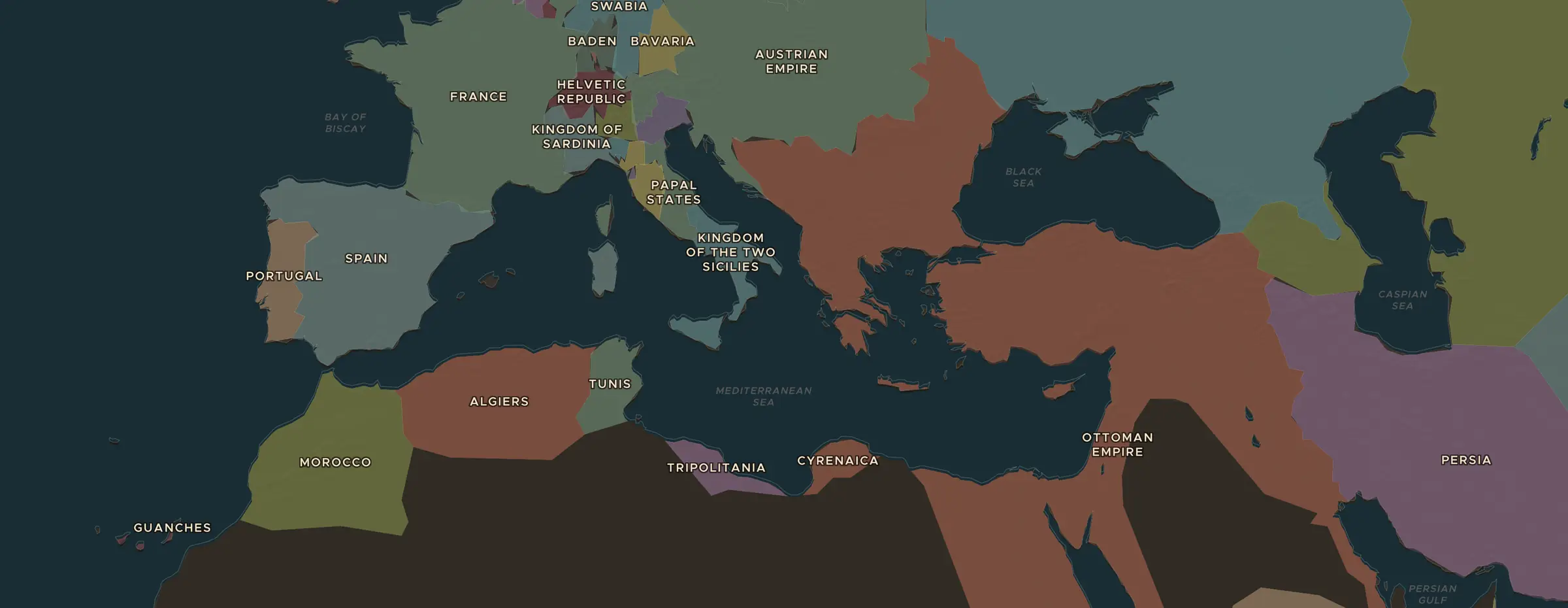 El mapa de ChronoAtlas en 1800 d. C., con los lugares que visita esta lección