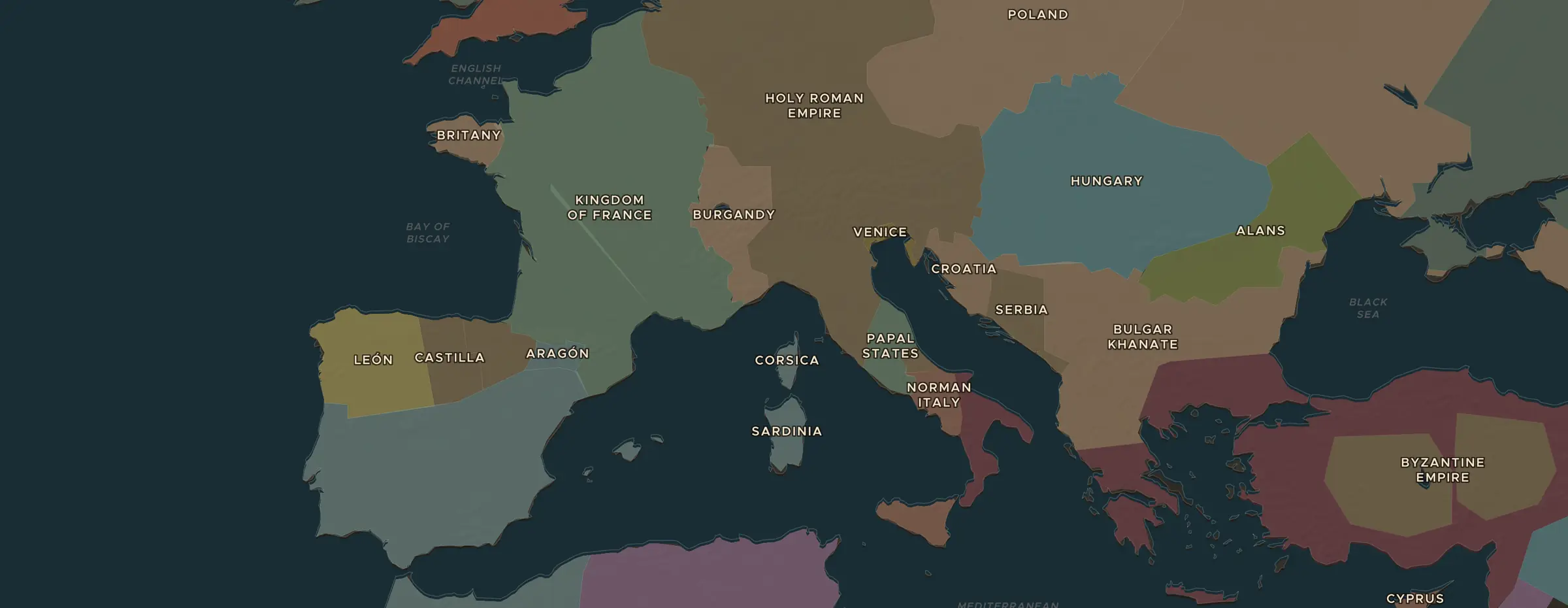 Die ChronoAtlas-Karte im Jahr 1100 n. Chr., mit allen Stationen dieser Stunde