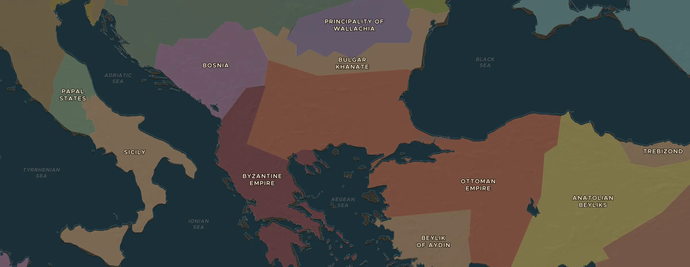 De ChronoAtlas-kaart in 1400 n.Chr., met de plekken uit deze les