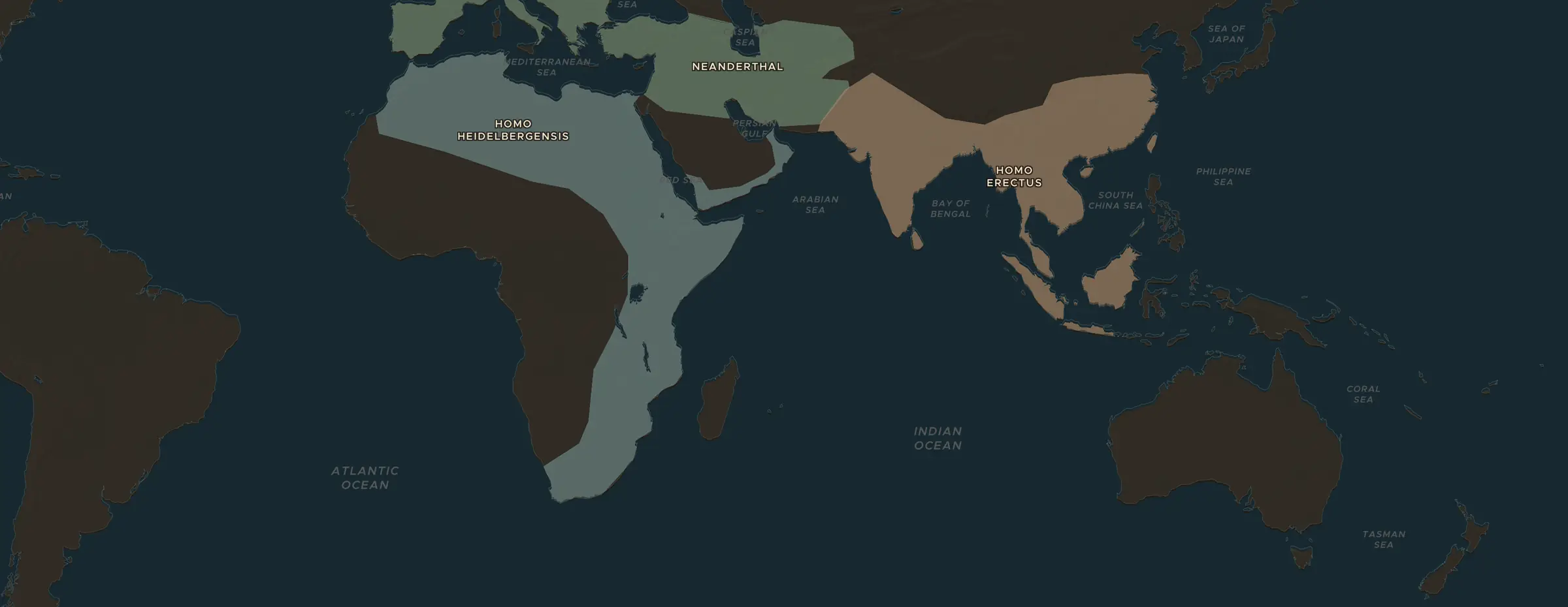 De ChronoAtlas-kaart in 20000 v.Chr., met de plekken uit deze les
