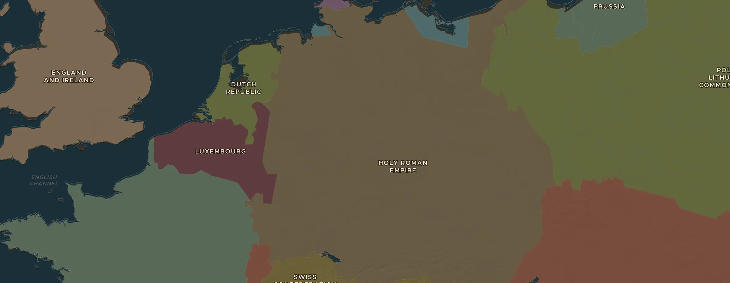 El mapa de ChronoAtlas en 1648 d. C., con los lugares que visita esta lección