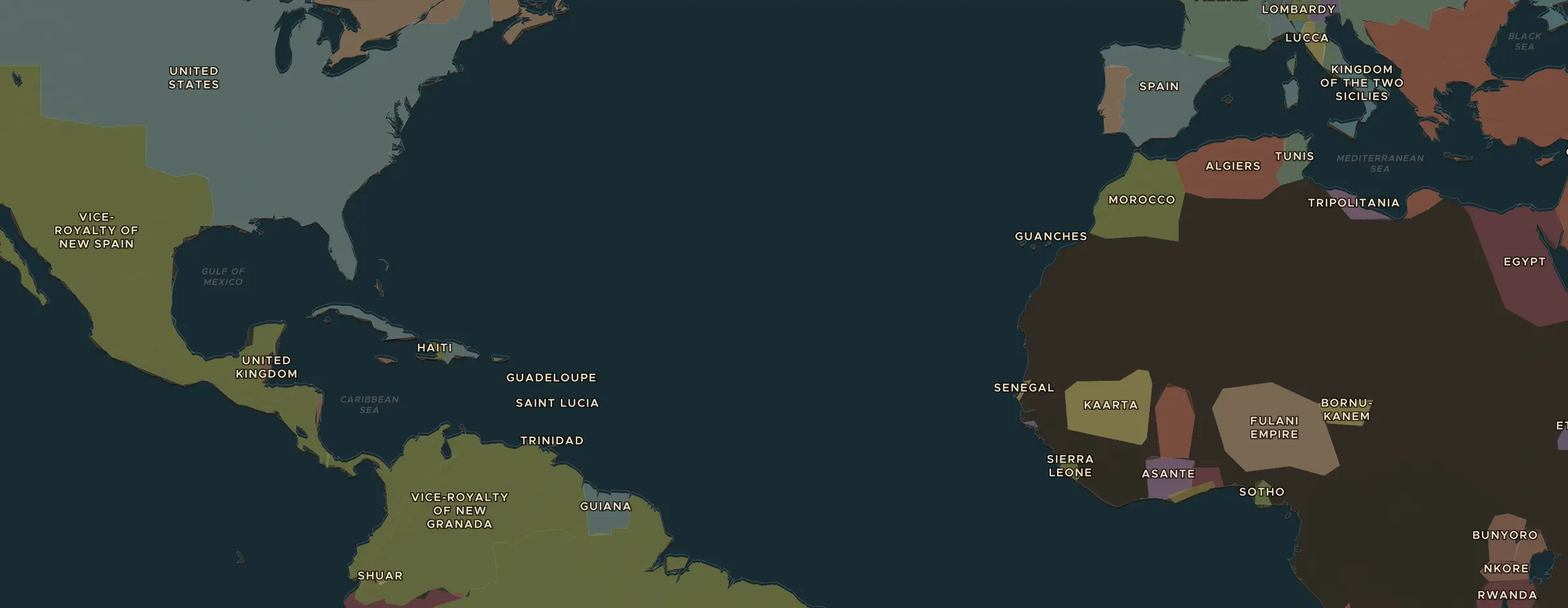 Die ChronoAtlas-Karte im Jahr 1808 n. Chr., mit allen Stationen dieser Stunde