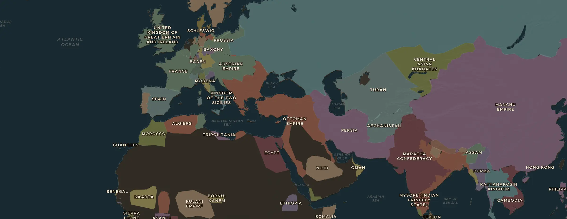 La carte ChronoAtlas en 1830 apr. J.-C., avec les lieux étudiés dans cette séquence