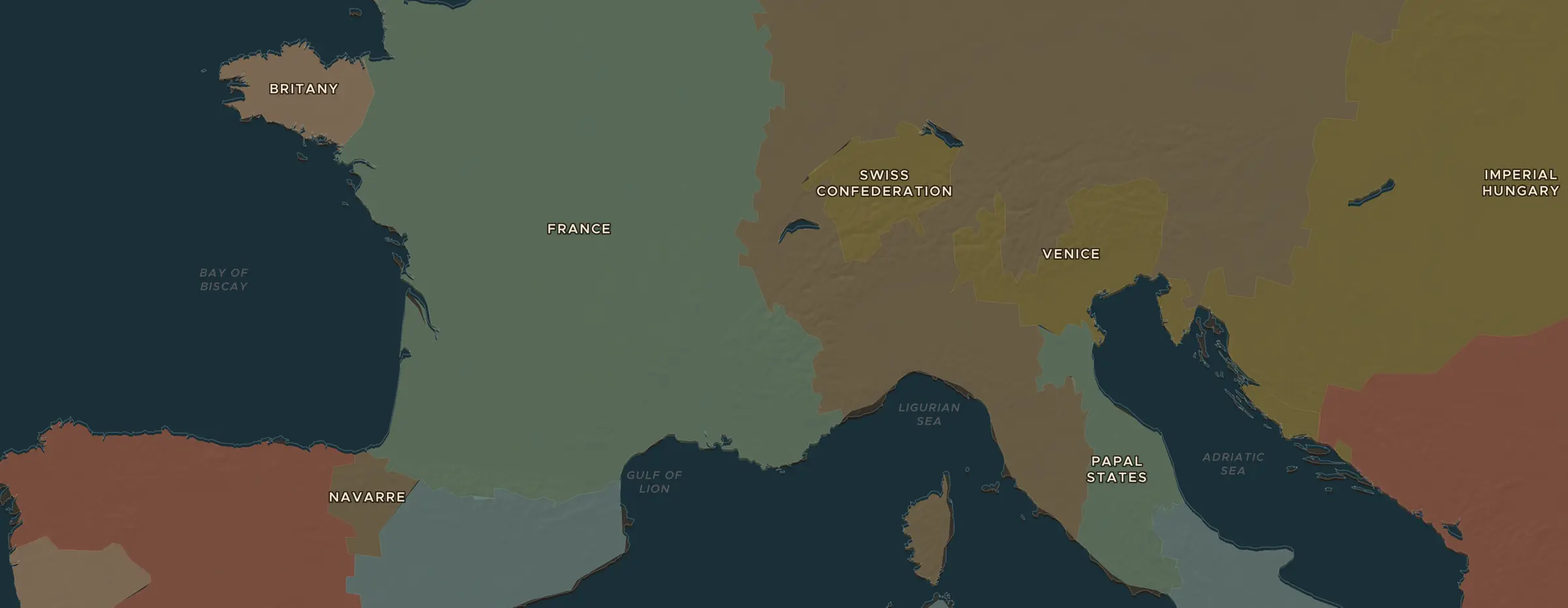 De ChronoAtlas-kaart in 1500 n.Chr., met de plekken uit deze les