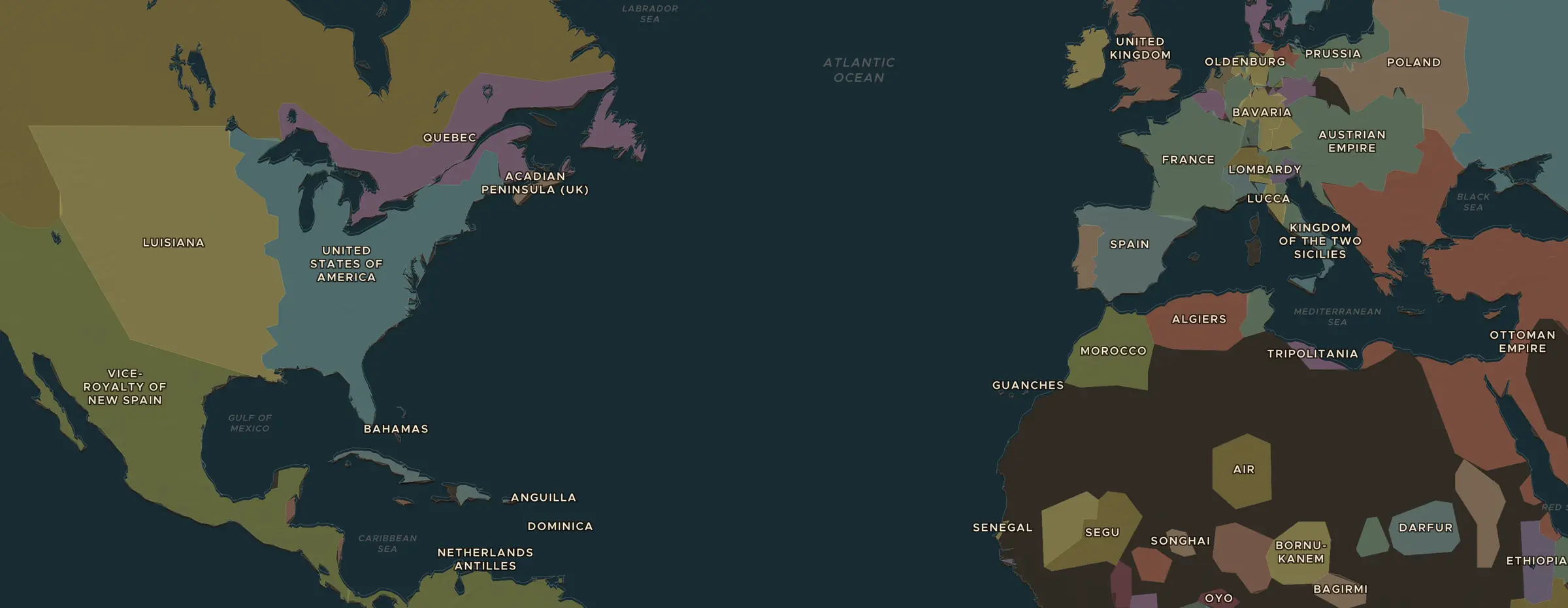 Die ChronoAtlas-Karte im Jahr 1783 n. Chr., mit allen Stationen dieser Stunde