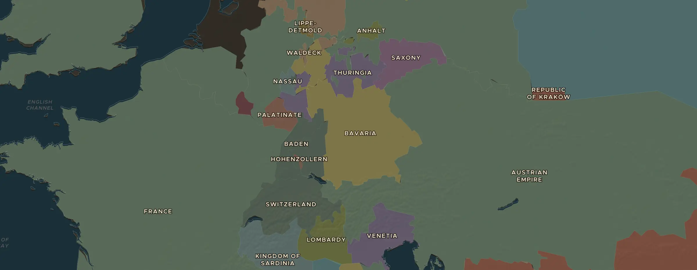 Die ChronoAtlas-Karte im Jahr 1848 n. Chr., mit allen Stationen dieser Stunde