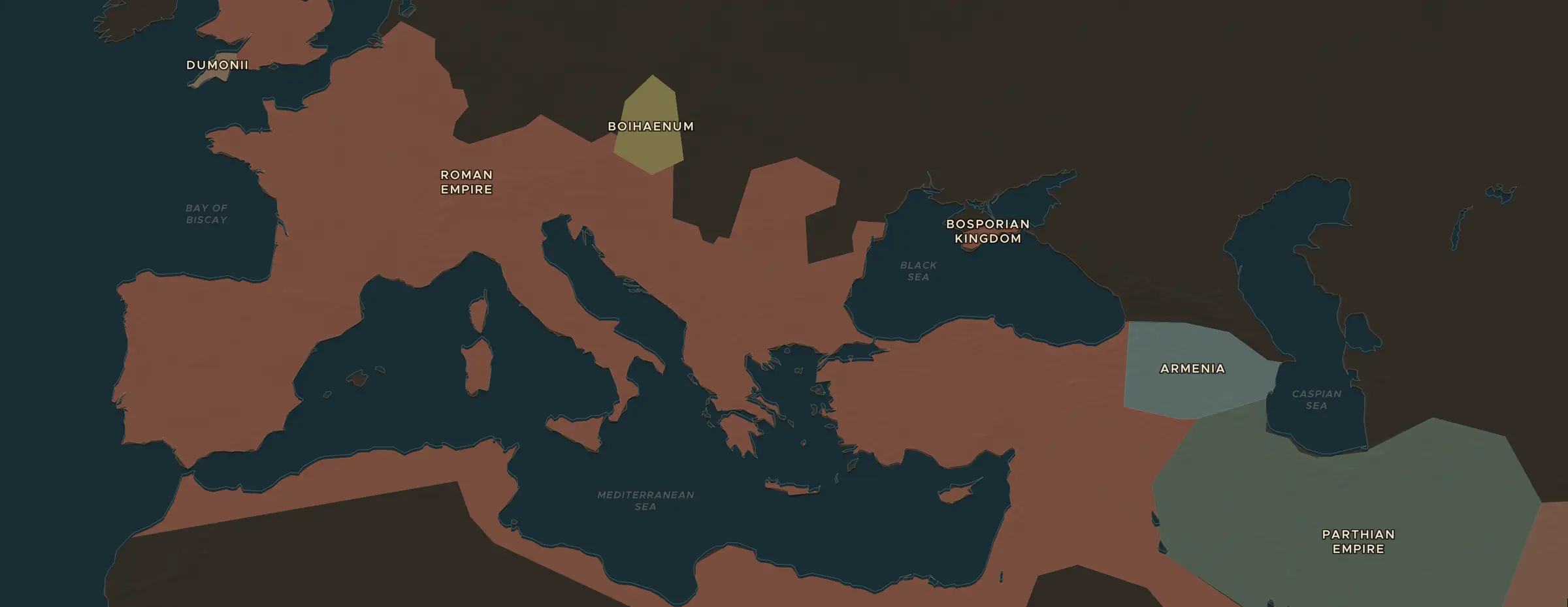 La carte ChronoAtlas en 200 apr. J.-C., avec les lieux étudiés dans cette séquence