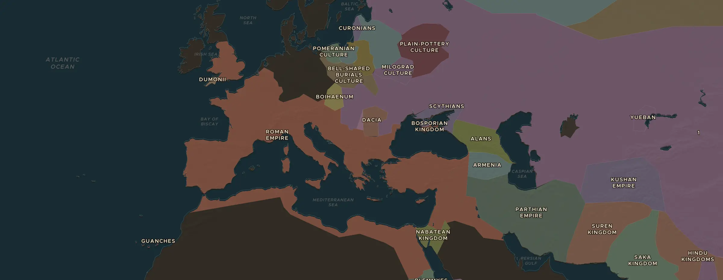 The ChronoAtlas map in AD 117, with the places this lesson visits