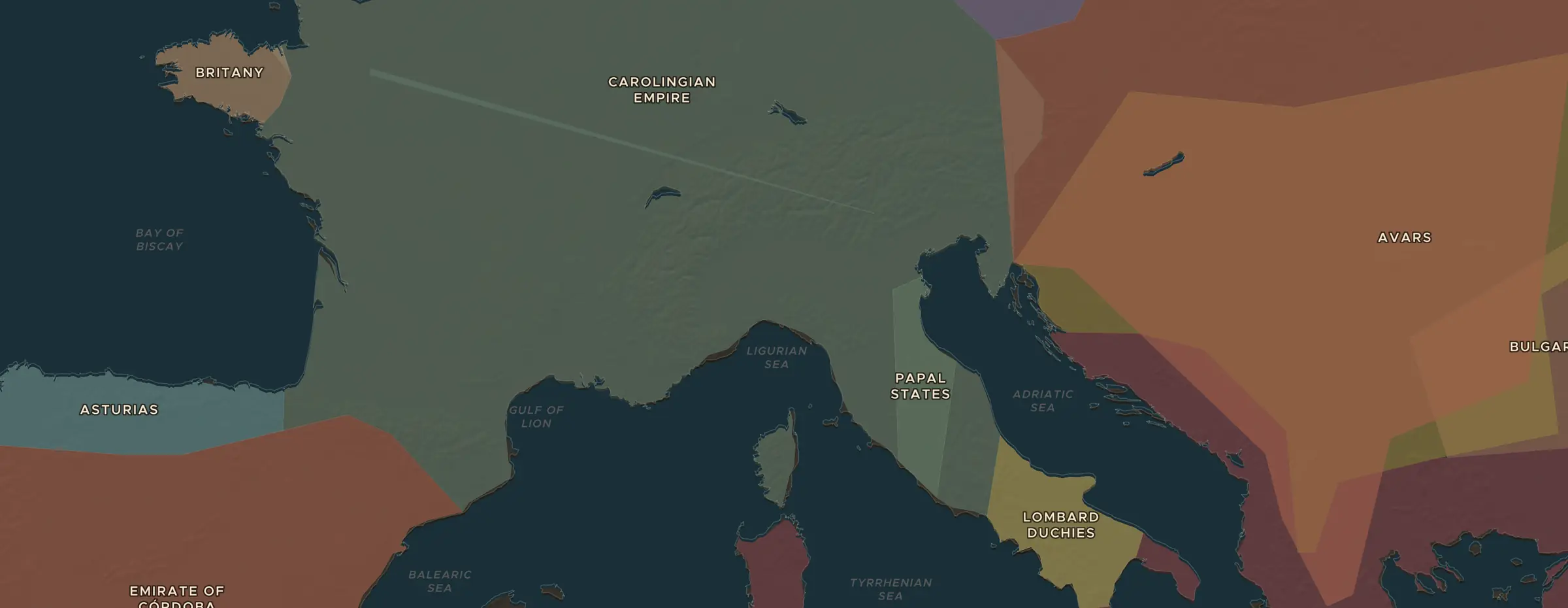 La carte ChronoAtlas en 800 apr. J.-C., avec les lieux étudiés dans cette séquence