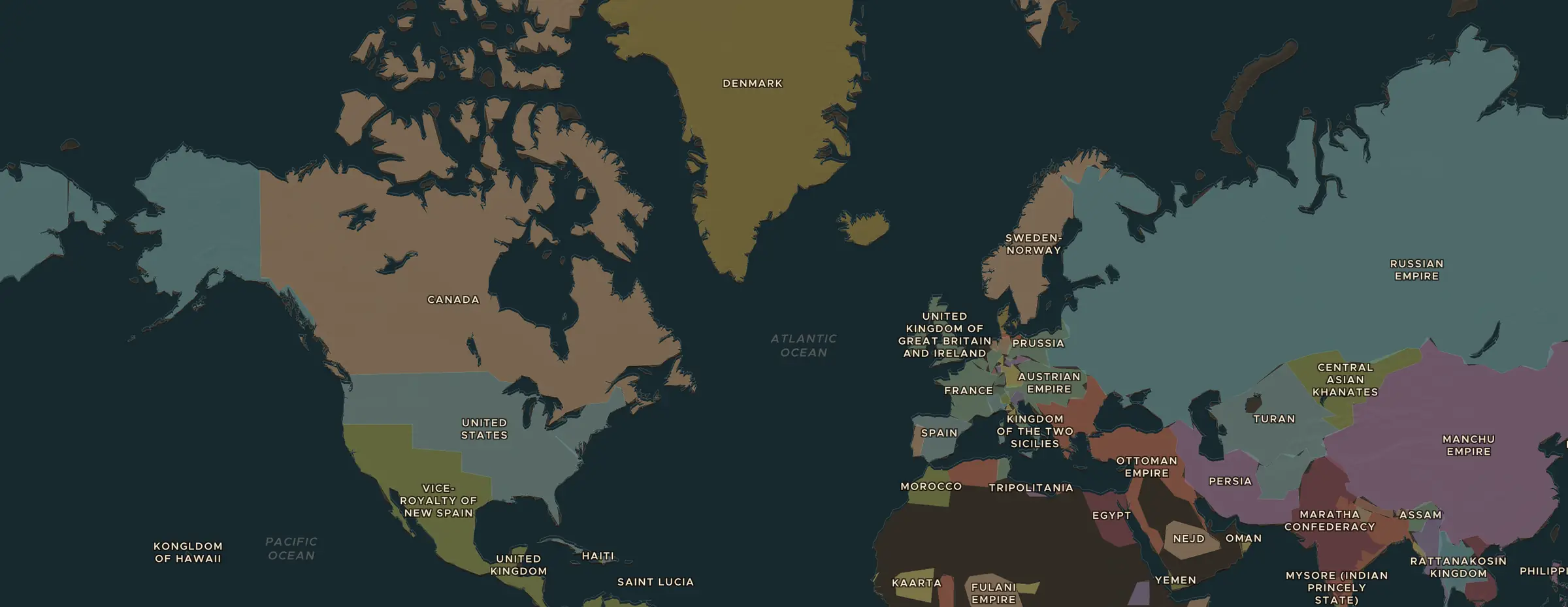 Die ChronoAtlas-Karte im Jahr 1861 n. Chr., mit allen Stationen dieser Stunde