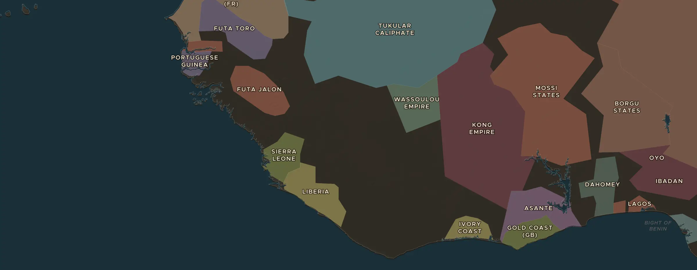El mapa de ChronoAtlas en 1880 d. C., con los lugares que visita esta lección