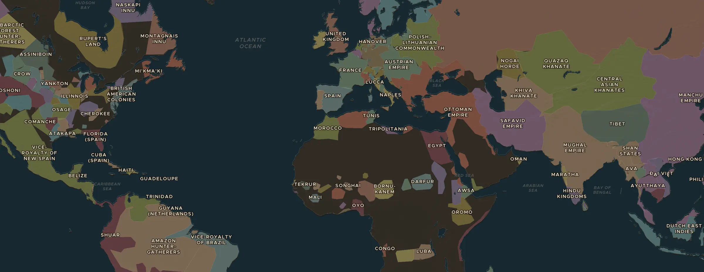El mapa de ChronoAtlas en 1760 d. C., con los lugares que visita esta lección