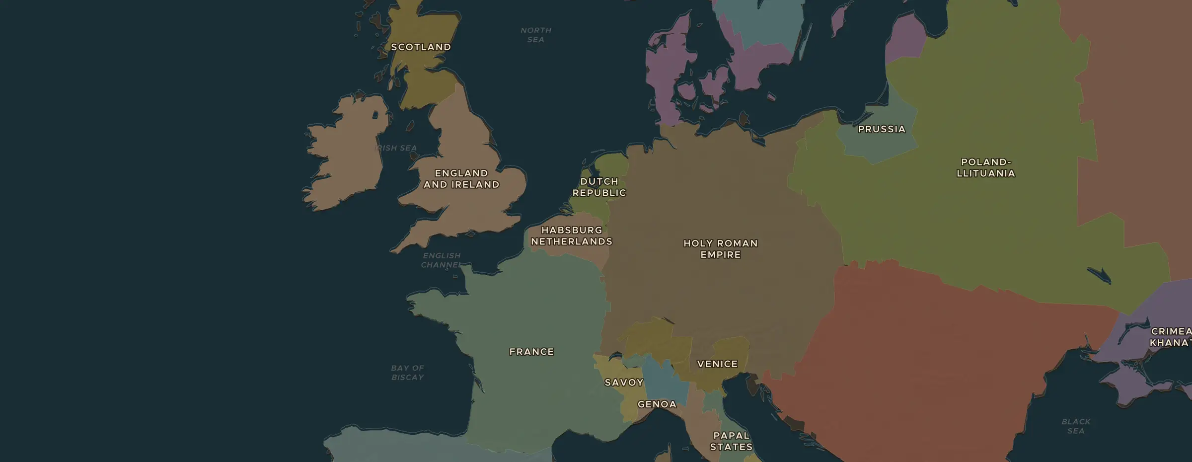 De ChronoAtlas-kaart in 1600 n.Chr., met de plekken uit deze les