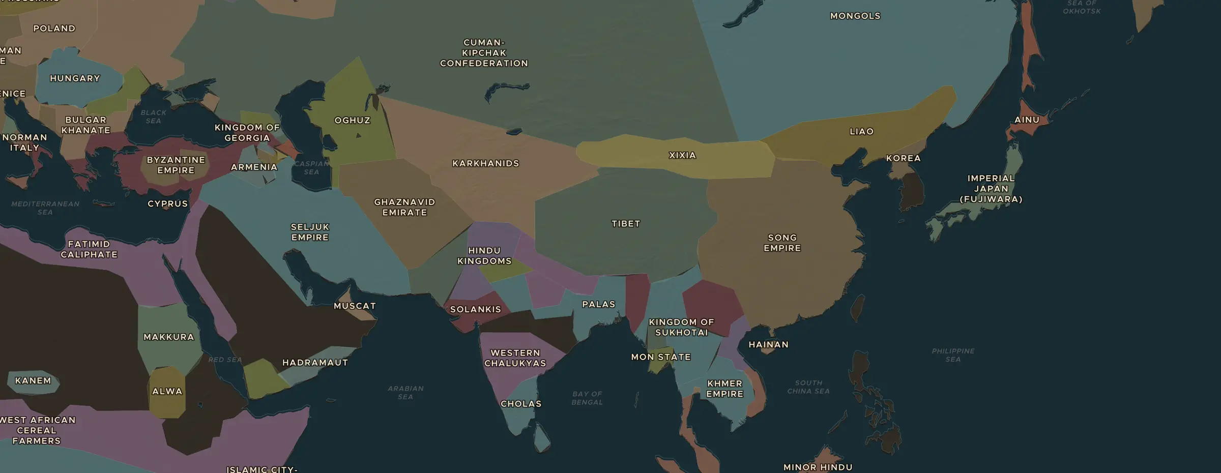De ChronoAtlas-kaart in 1100 n.Chr., met de plekken uit deze les