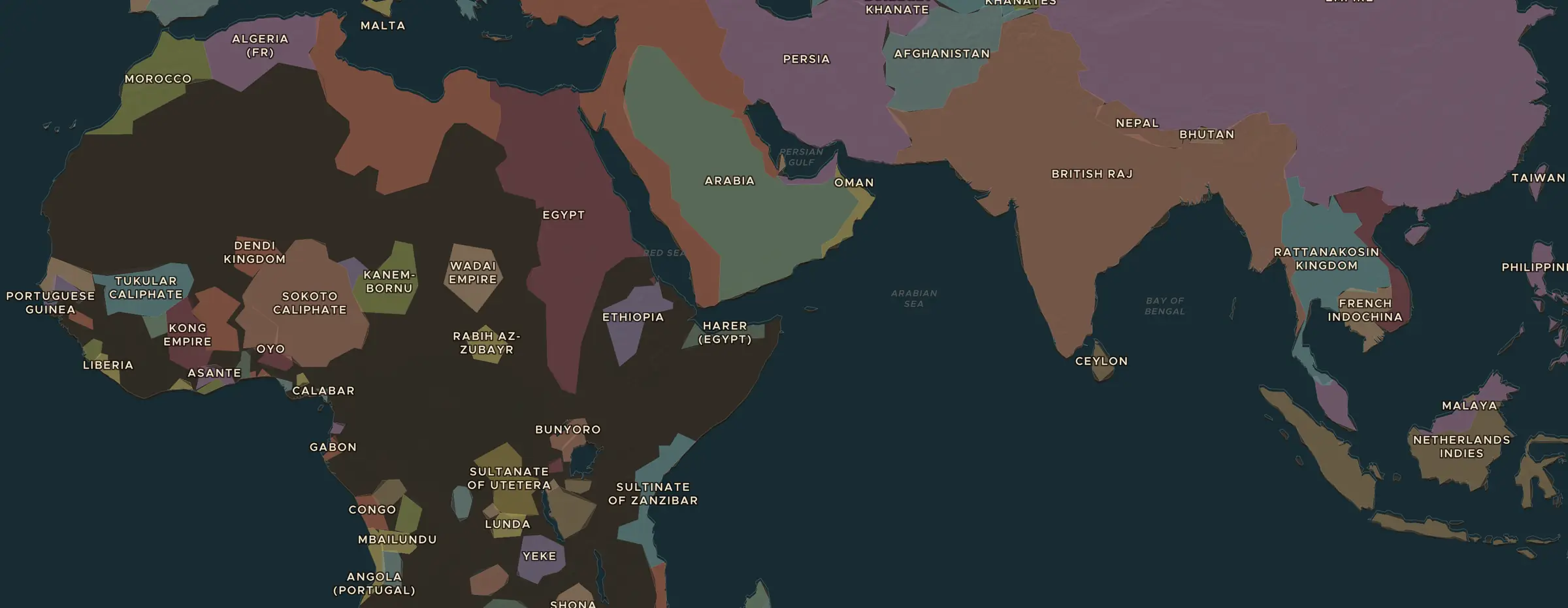 La carte ChronoAtlas en 1880 apr. J.-C., avec les lieux étudiés dans cette séquence