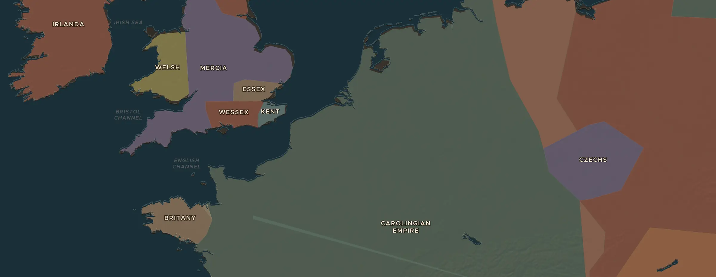 De ChronoAtlas-kaart in 800 n.Chr., met de plekken uit deze les
