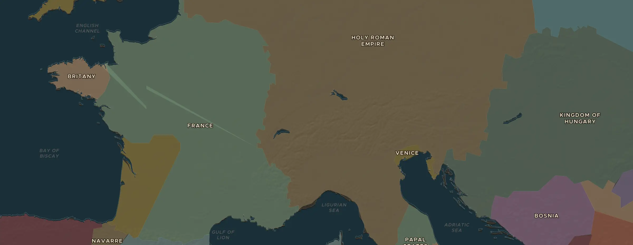 De ChronoAtlas-kaart in 1400 n.Chr., met de plekken uit deze les