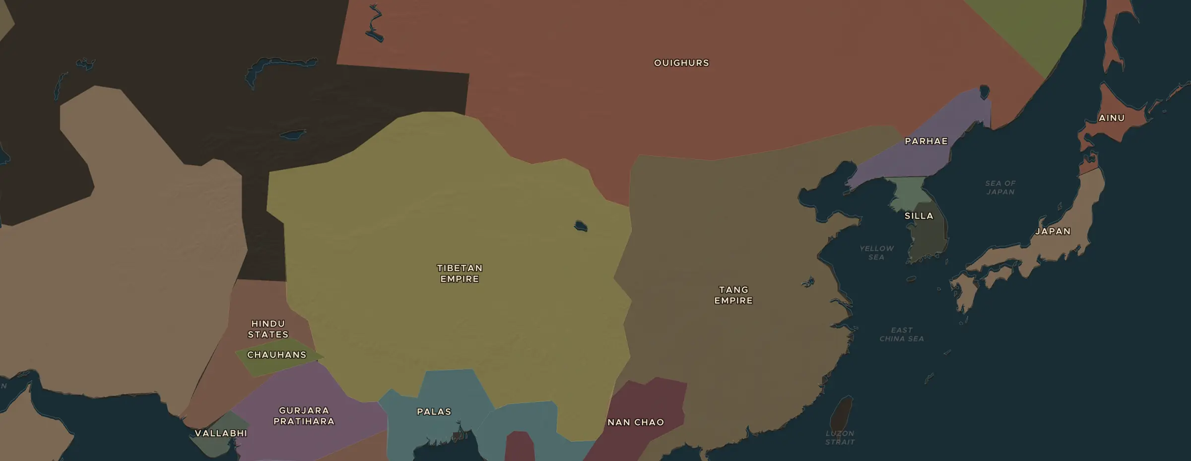 El mapa de ChronoAtlas en 800 d. C., con los lugares que visita esta lección